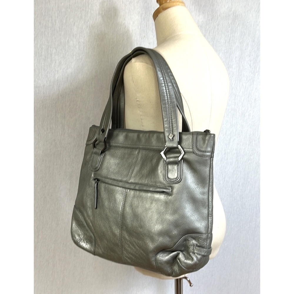 Eileen West silver metallic genuine leather double handle shoulder large tote ba
